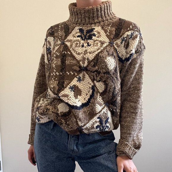 Vintage 90s Turtleneck, 1990s Brown Chunky Knit Sweater - Picture 4 of 9